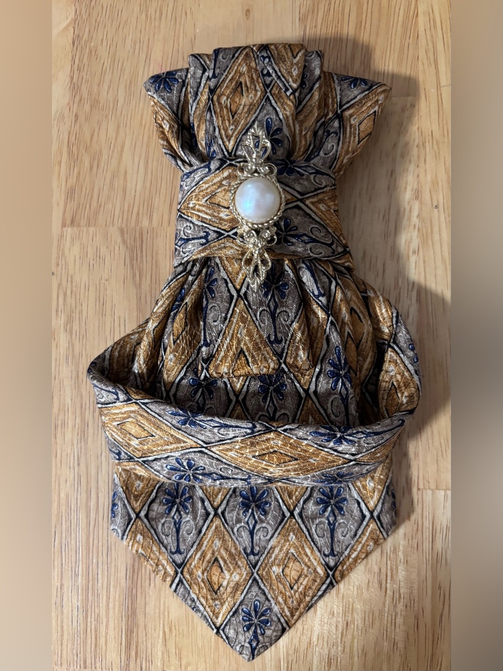 Gold & Navy Diamond Pattern Necktie Necklace with Decorative Pin